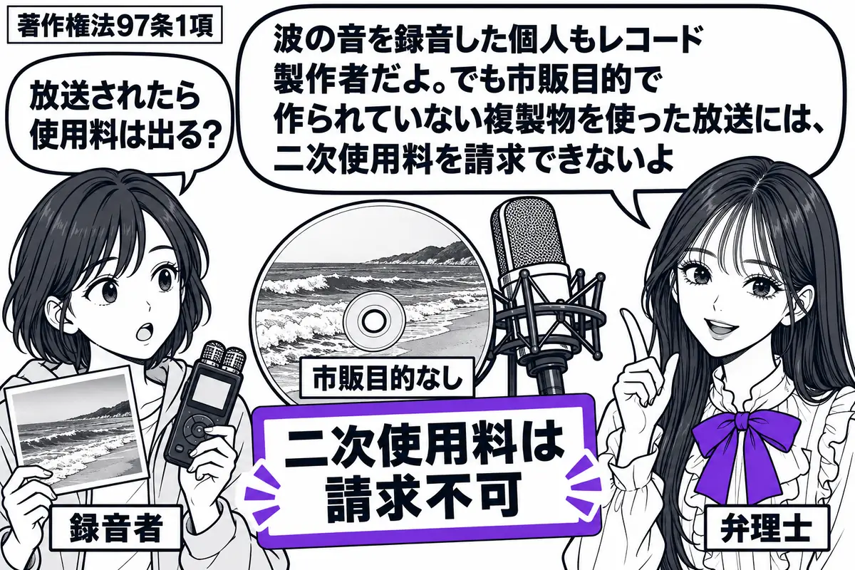 先生が弁理士役(札「弁理士」)で右側。左の録音者(札「録音者」)が海辺の写真と録音機を持つ。中央に波の音の複製ディスクと放送用マイクを置き、ディスクの札「市販目的なし」に、付箋「二次使用料は請求不可」を添えてヴァイオレットの枠で囲む。先生の