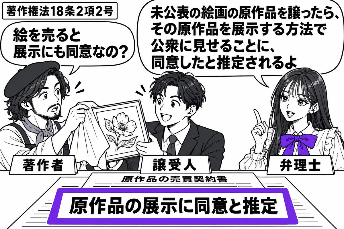 先生が右の相談机にいる弁理士役(札「弁理士」)。左の画家(札「著作者」)が覆いを外した未公表の原画を中央の男性(札「譲受人」)に渡している。机に原作品の売買契約書を置き、「原作品の展示に同意と推定」の付箋をヴァイオレットの枠で囲む。先生の吹