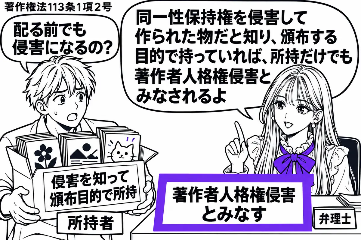 先生が右の相談机にいる弁理士役(札「弁理士」)。左に発送箱を抱えた男性(札「所持者」)。箱の中には絵を勝手に改変した冊子を詰め、「侵害を知って頒布目的で所持」の付箋を付ける。机の「著作者人格権侵害とみなす」という相談票をヴァイオレットの枠で