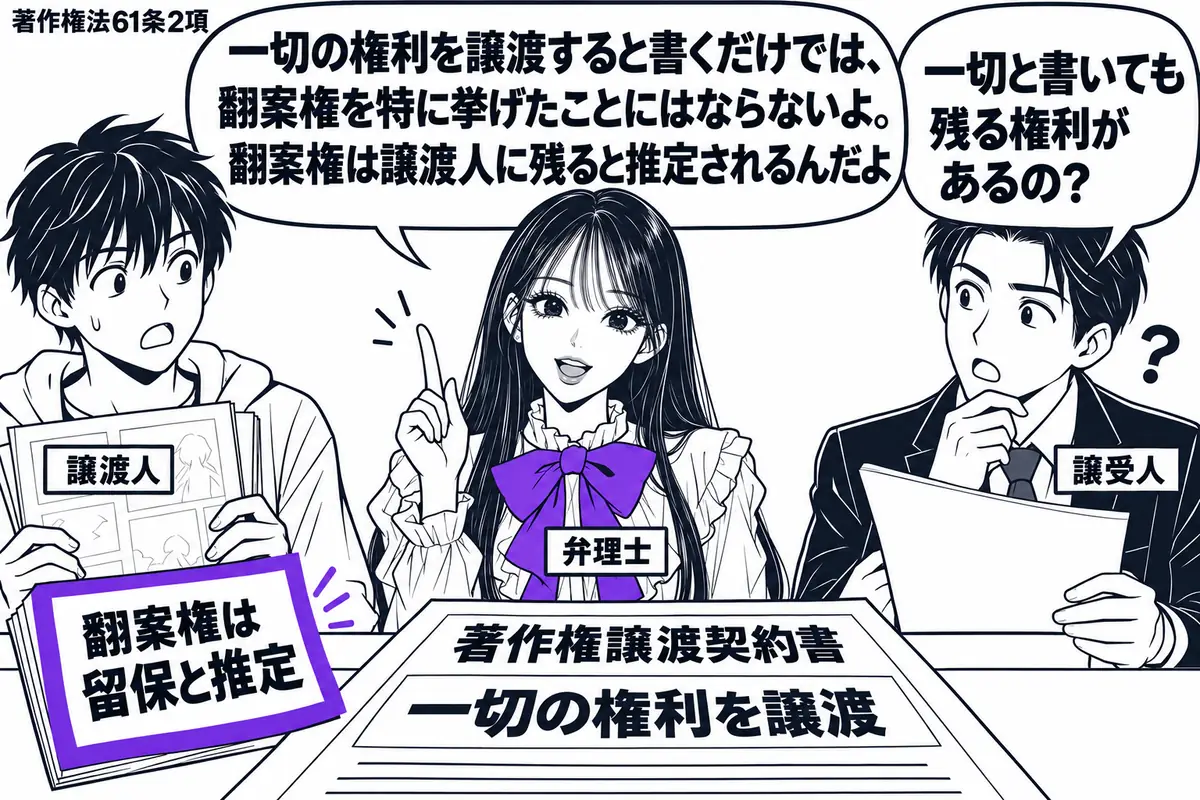 先生が弁理士役（札「弁理士」）で中央。左に原稿を抱えた作者（札「譲渡人」）、右に契約書を持つ男性（札「譲受人」）。机の著作権譲渡契約書には「一切の権利を譲渡」。作者の手元の「翻案権は留保と推定」の付箋をヴァイオレットの枠で囲む。先生の吹き出
