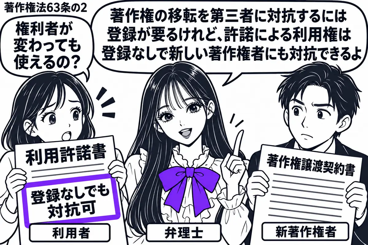先生が弁理士役（札「弁理士」）で中央。左に利用許諾書を持つ女性（札「利用者」）、右に著作権譲渡契約書を持つ男性（札「新著作権者」）。女性が見せる許諾書の「登録なしでも対抗可」の付箋をヴァイオレットの枠で囲む。先生の吹き出し「著作権の移転を第