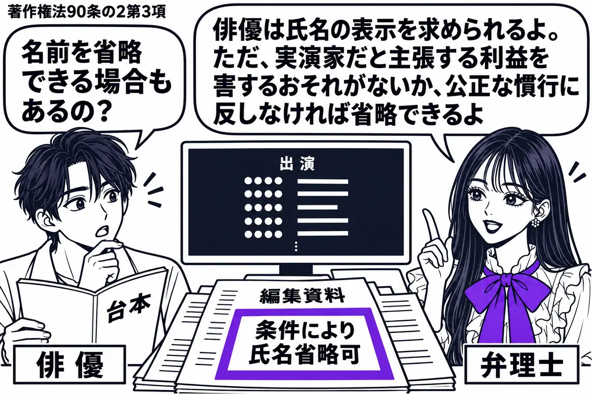 先生が弁理士役（札「弁理士」）で右側。左に台本を持つ男性（札「俳優」）。中央のモニターに映画のエンディングロールを映し、手前の編集資料にある「条件により氏名省略可」の付箋をヴァイオレットの枠で囲む。先生の吹き出し「俳優は氏名の表示を求められ