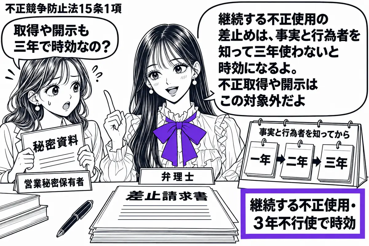 先生が中央の机に立つ弁理士役(札「弁理士」)。左に秘密資料を持つ女性(札「営業秘密保有者」)。机上に差止請求書と、事実と行為者を知ってから三年分めくられた暦を置く。「継続する不正使用・3年不行使で時効」の付箋をヴァイオレットの枠で囲む。先生