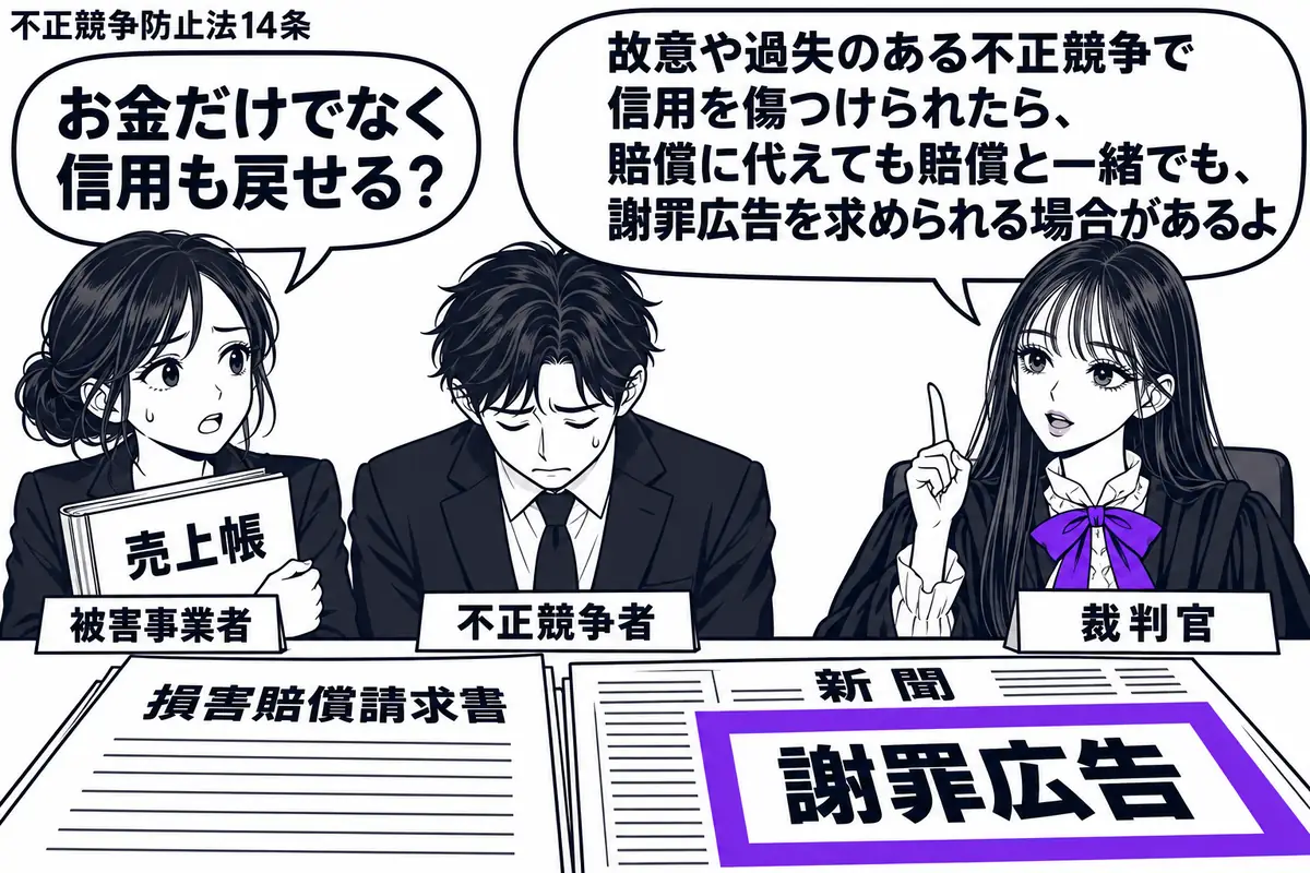 先生が右の法廷席に座る裁判官役（札「裁判官」）。左に売上帳を抱える女性（札「被害事業者」）、中央にうつむく男性（札「不正競争者」）。机に損害賠償請求書と新聞を置き、新聞の謝罪広告欄をヴァイオレットの枠で囲む。先生の吹き出し「故意や過失のある