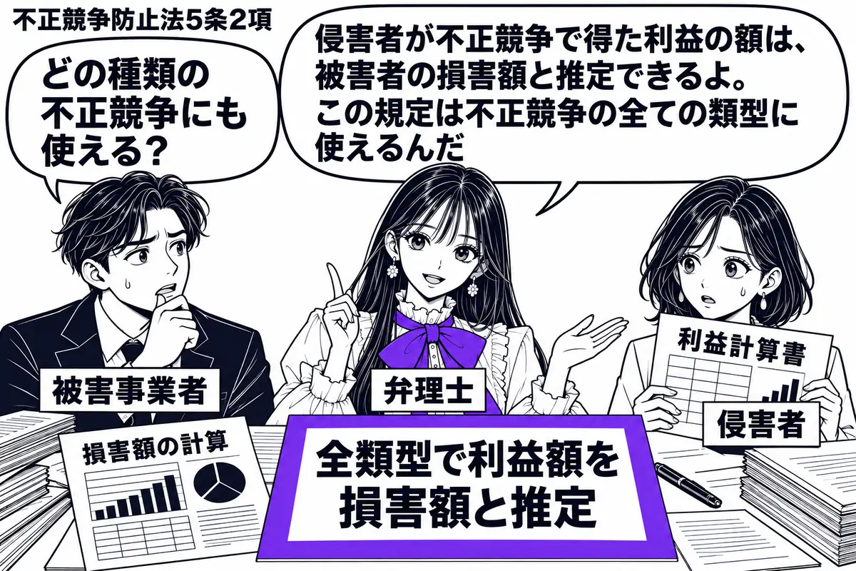 先生が中央の相談机に立つ弁理士役（札「弁理士」）。左に困った顔の男性（札「被害事業者」）、右に利益計算書を持つ女性（札「侵害者」）。机上に損害額の計算用紙を広げ、「全類型で利益額を損害額と推定」の付箋をヴァイオレットの枠で囲む。先生の吹き出