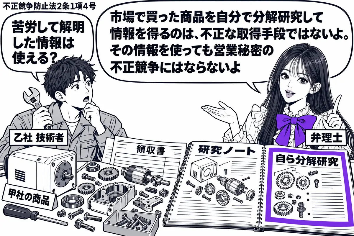 先生が右の作業台に立つ弁理士役(札「弁理士」)。左に工具を持った男性(札「乙社 技術者」)。台には購入した甲社の商品、領収書、分解した部品と研究ノートを並べる。ノートの「自ら分解研究」の欄をヴァイオレットの枠で囲む。先生の吹き出し「市場で買