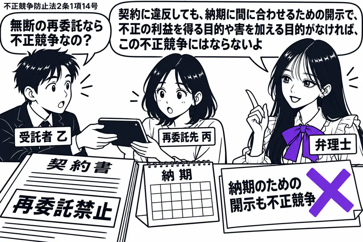 先生が右の相談机に立つ弁理士役(札「弁理士」)。左にデータ入り端末を渡す男性(札「受託者 乙」)、中央に受け取る女性(札「再委託先 丙」)。机に再委託禁止の契約書と納期の暦を置き、「納期のための開示も不正競争」の付箋にヴァイオレットの×印。
