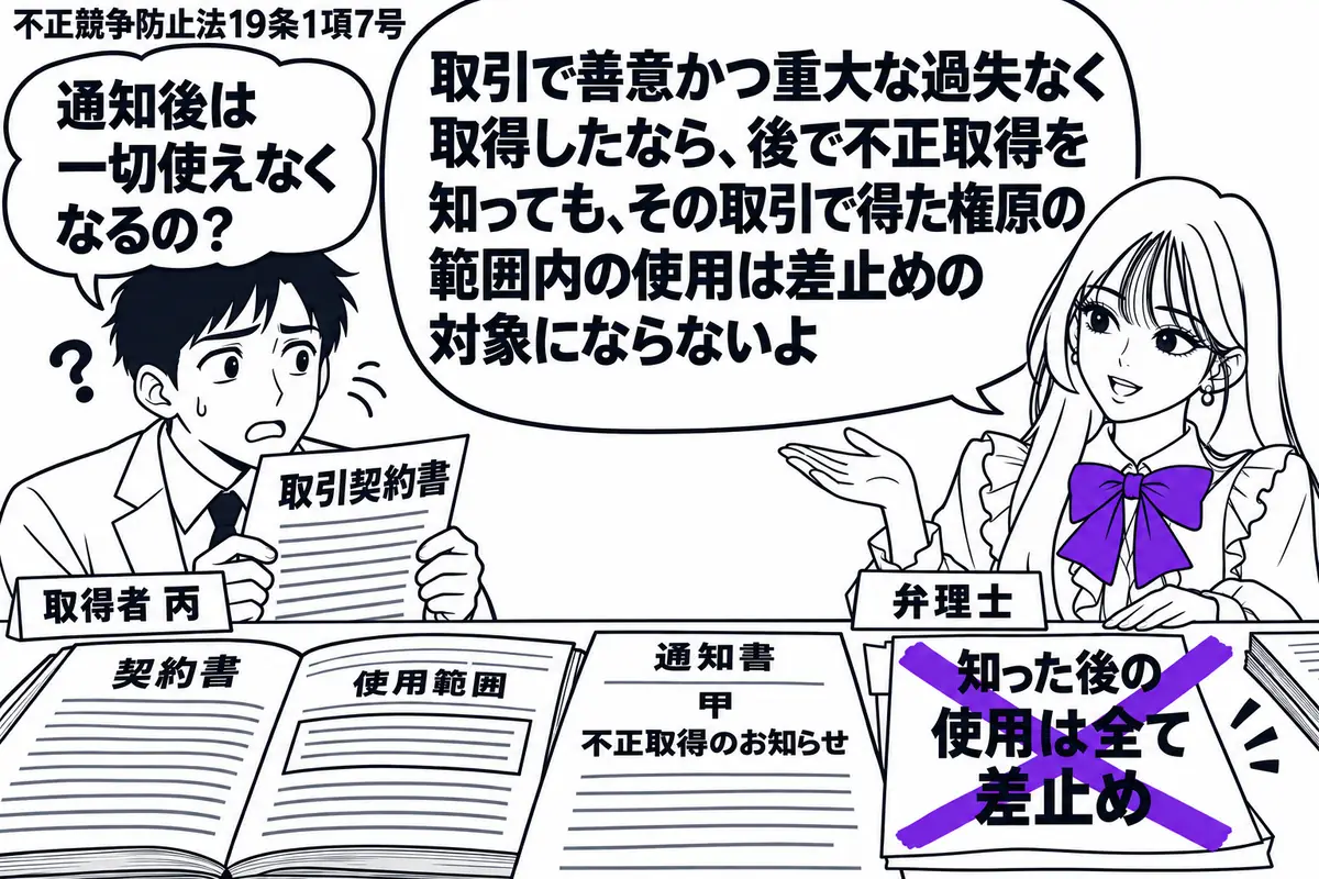 先生が右の相談机に座る弁理士役(札「弁理士」)。左に取引契約書を持つ男性(札「取得者 丙」)。机には甲から届いた不正取得を知らせる通知書と、使用範囲を記した契約書を開く。「知った後の使用は全て差止め」の付箋にヴァイオレットの×印。先生の吹き