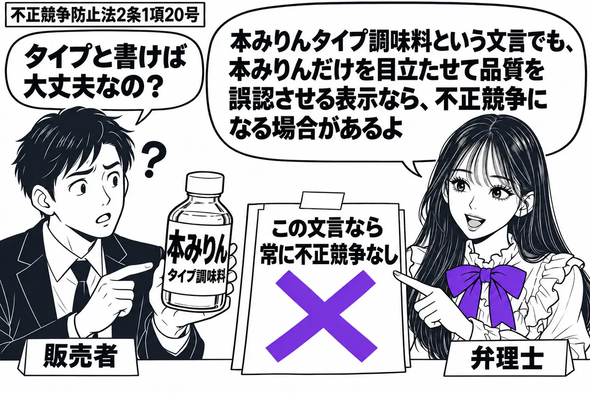 先生が右の商品相談台に立つ弁理士役(札「弁理士」)。左に調味料の瓶を差し出す男性(札「販売者」)。瓶のラベルは「本みりん」を大きく、「タイプ調味料」を小さく配置する。横の表示案に貼った「この文言なら常に不正競争なし」の付箋にヴァイオレットの