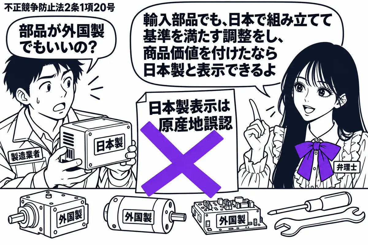 先生が右の作業台に立つ弁理士役(札「弁理士」)。左に完成品を持つ男性(札「製造業者」)。台に外国製の三つの部品と組立工具を置き、完成品には「日本製」のラベル。その横の付箋「日本製表示は原産地誤認」に大きなヴァイオレットの×印。先生の吹き出し