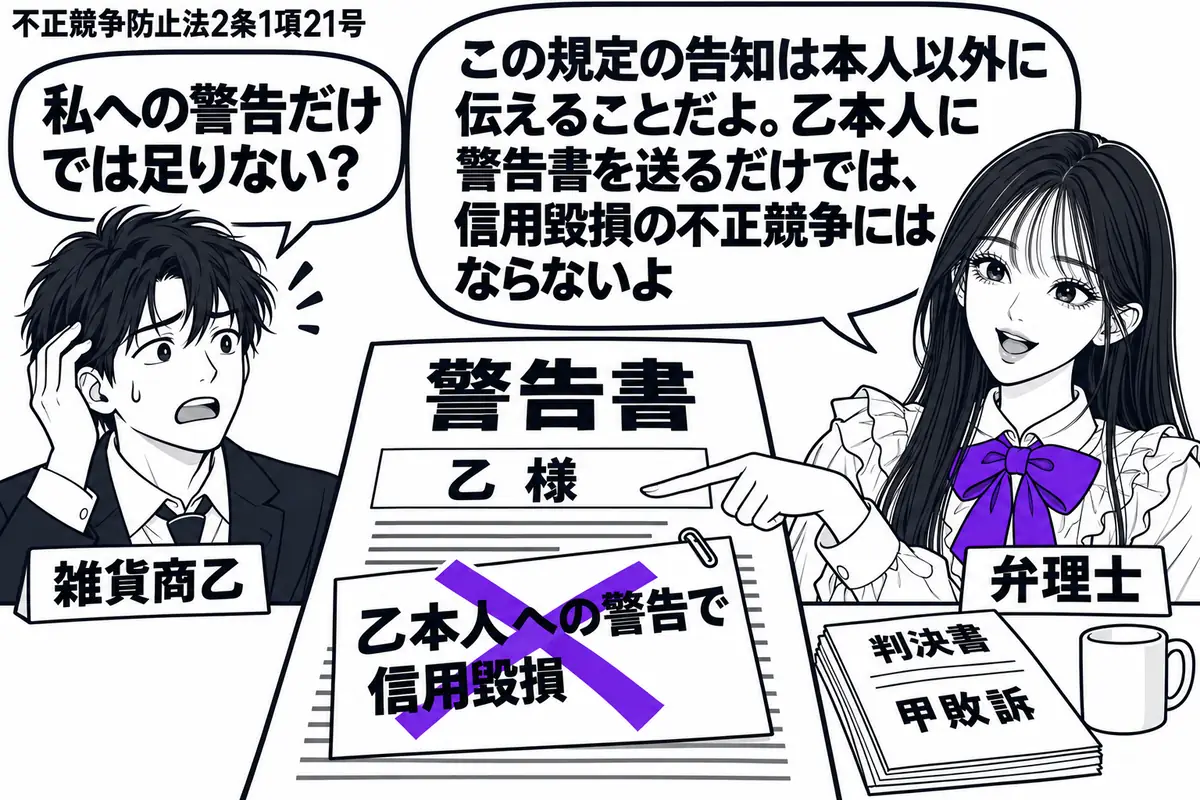 先生が右の相談机に立つ弁理士役(札「弁理士」)。左に警告書を受け取った男性(札「雑貨商乙」)、机にマグカップと甲敗訴の判決書を置く。警告書に貼った「乙本人への警告で信用毀損」の付箋にヴァイオレットの×印。先生の吹き出し「この規定の告知は本人