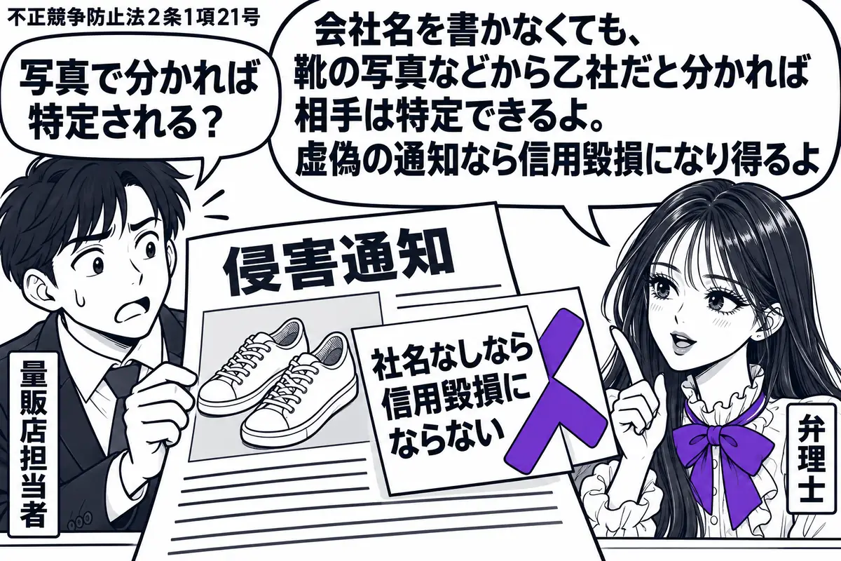 先生が右の相談机に立つ弁理士役(札「弁理士」)。左の男性(札「量販店担当者」)が靴の写真を添えた侵害通知を広げる。通知には会社名の記載がなく、付箋「社名なしなら信用毀損にならない」にヴァイオレットの×印。先生の吹き出し「会社名を書かなくても