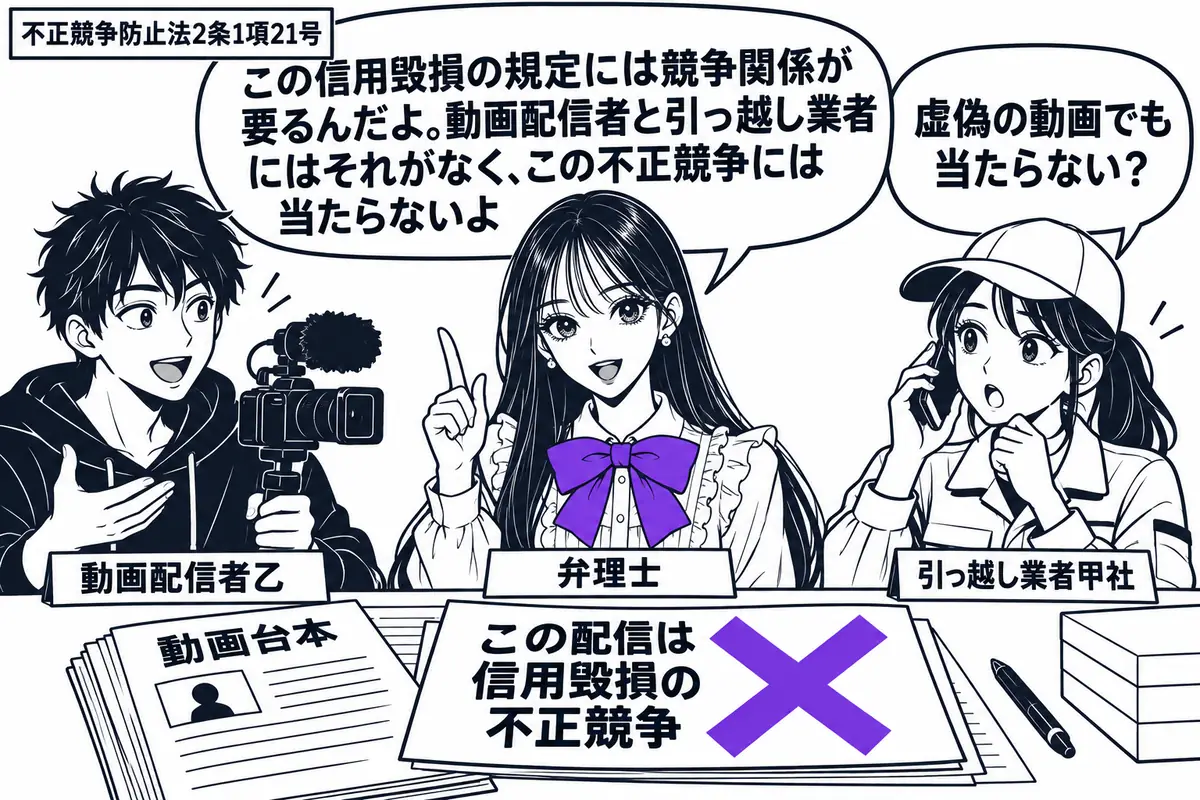先生が中央の相談机に立つ弁理士役(札「弁理士」)。左に撮影機材を持つ男性(札「動画配信者乙」)、右に電話を抱える女性(札「引っ越し業者甲社」)。机の動画台本に貼った「この配信は信用毀損の不正競争」の付箋にヴァイオレットの×印。先生の吹き出し