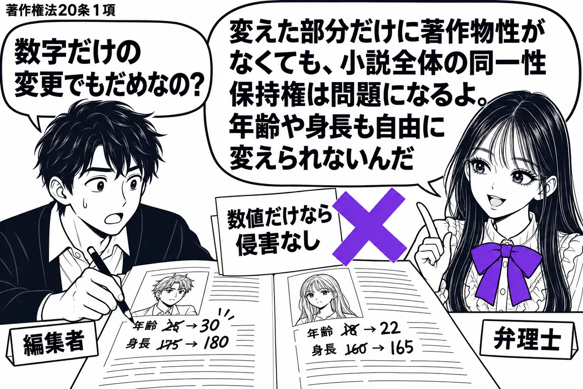 先生が右の編集机にいる弁理士役(札「弁理士」)。左の男性(札「編集者」)が小説原稿を開き、登場人物の年齢と身長を鉛筆で書き換えている。原稿の「数値だけなら侵害なし」という付箋にヴァイオレットの×印。先生の吹き出し「変えた部分だけに著作物性が