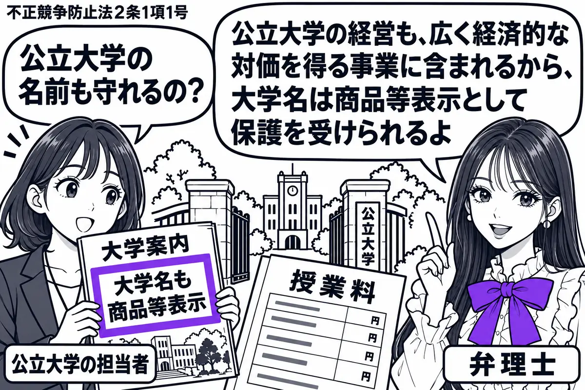 先生が右で弁理士役(札「弁理士」)。左に大学案内を持つ女性(札「公立大学の担当者」)、中央に大学の校門の模型と授業料の案内書。大学案内に貼った付箋「大学名も商品等表示」をヴァイオレットの枠で囲む。先生の吹き出し「公立大学の経営も、広く経済的