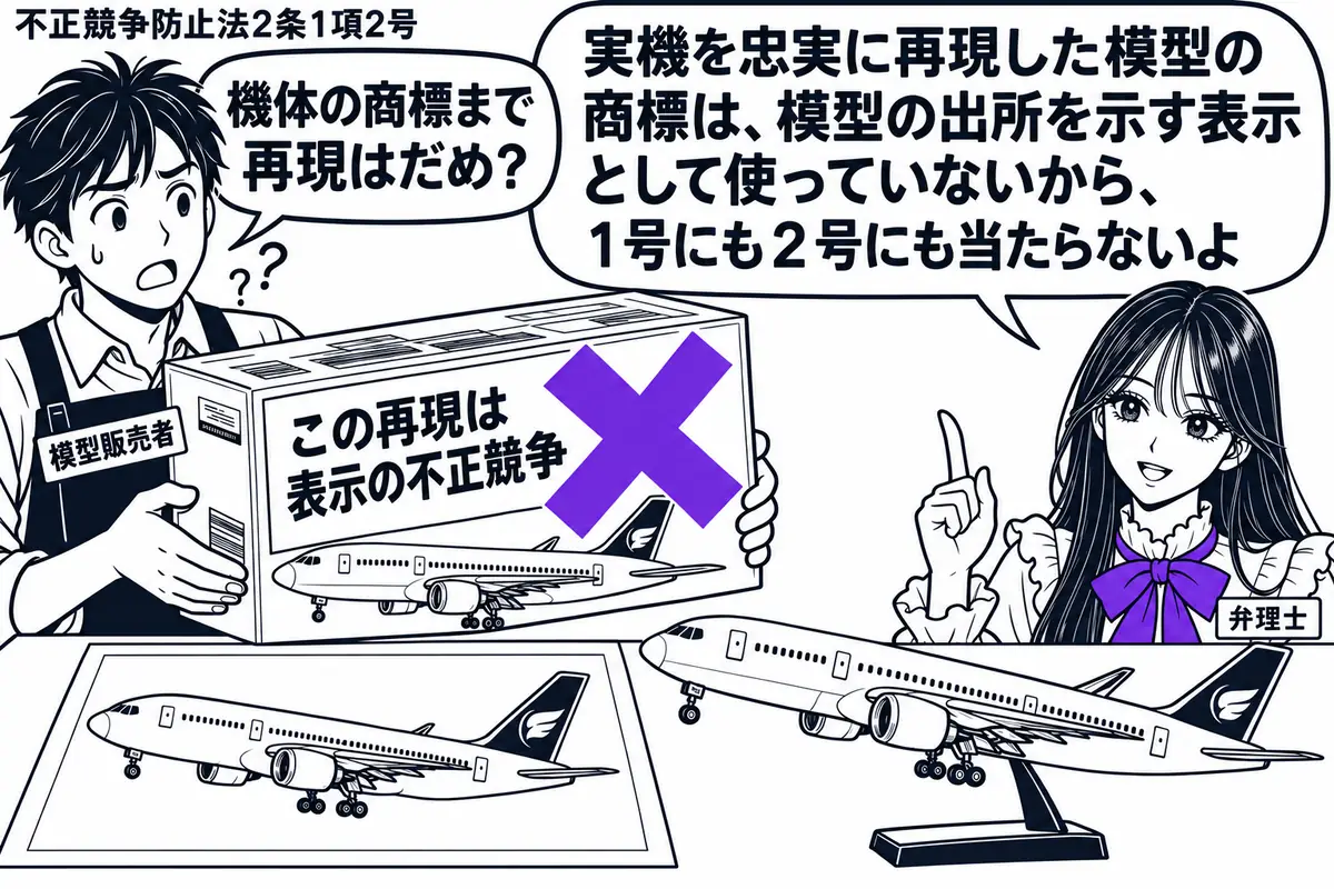 先生が右で弁理士役(札「弁理士」)。左に模型の箱を持つ男性(札「模型販売者」)。机に航空機の写真と忠実な模型を並べ、両方の尾翼に同じ架空の著名商標を描く。箱の付箋「この再現は表示の不正競争」に大きなヴァイオレットの×印。先生の吹き出し「実機