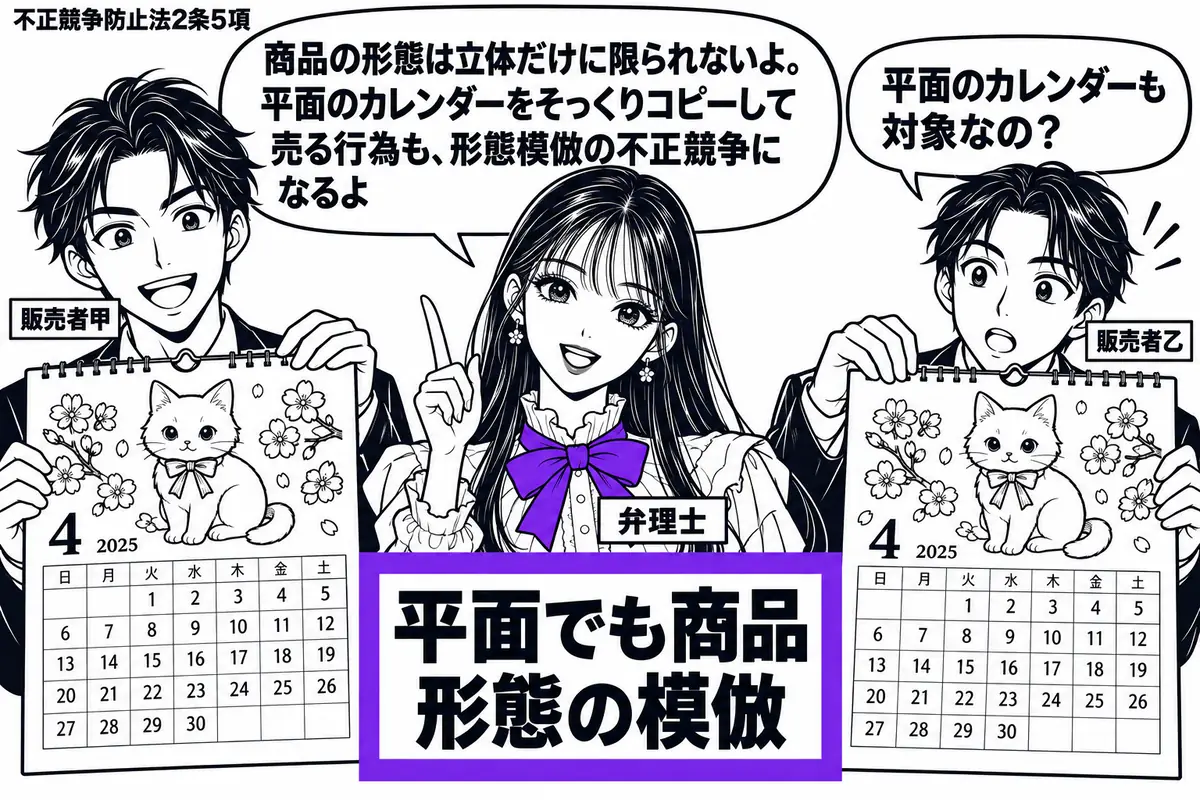 先生が中央で弁理士役(札「弁理士」)。左に自作のカレンダーを持つ甲(札「販売者甲」)、右にそのままコピーしたカレンダーを売る乙(札「販売者乙」)。二枚の模様や配置を同じに描き、間の付箋「平面でも商品形態の模倣」をヴァイオレットの枠で囲む。先