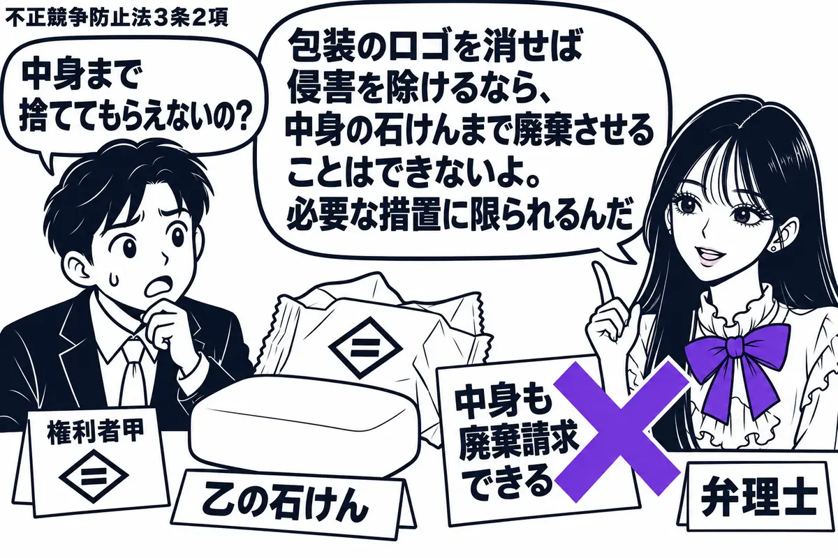 先生が右の相談机にいる弁理士役（札「弁理士」）。左の男性（札「権利者甲」）の前に、乙の石けんと剥がした包装紙。包装紙には甲の著名なロゴと同じ印を描き、石けんの「中身も廃棄請求できる」の付箋にヴァイオレットの×印。先生の吹き出し「包装のロゴを