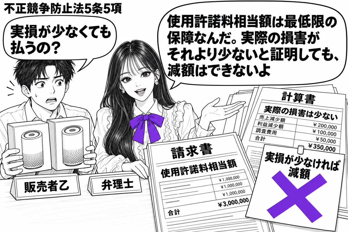 先生が中央の相談机にいる弁理士役（札「弁理士」）。左に似た商品表示の箱を持つ男性（札「販売者乙」）。机には使用許諾料相当額の請求書と、実際の損害が少ないと示す計算書。計算書に貼った「実損が少なければ減額」の付箋に大きなヴァイオレットの×印。