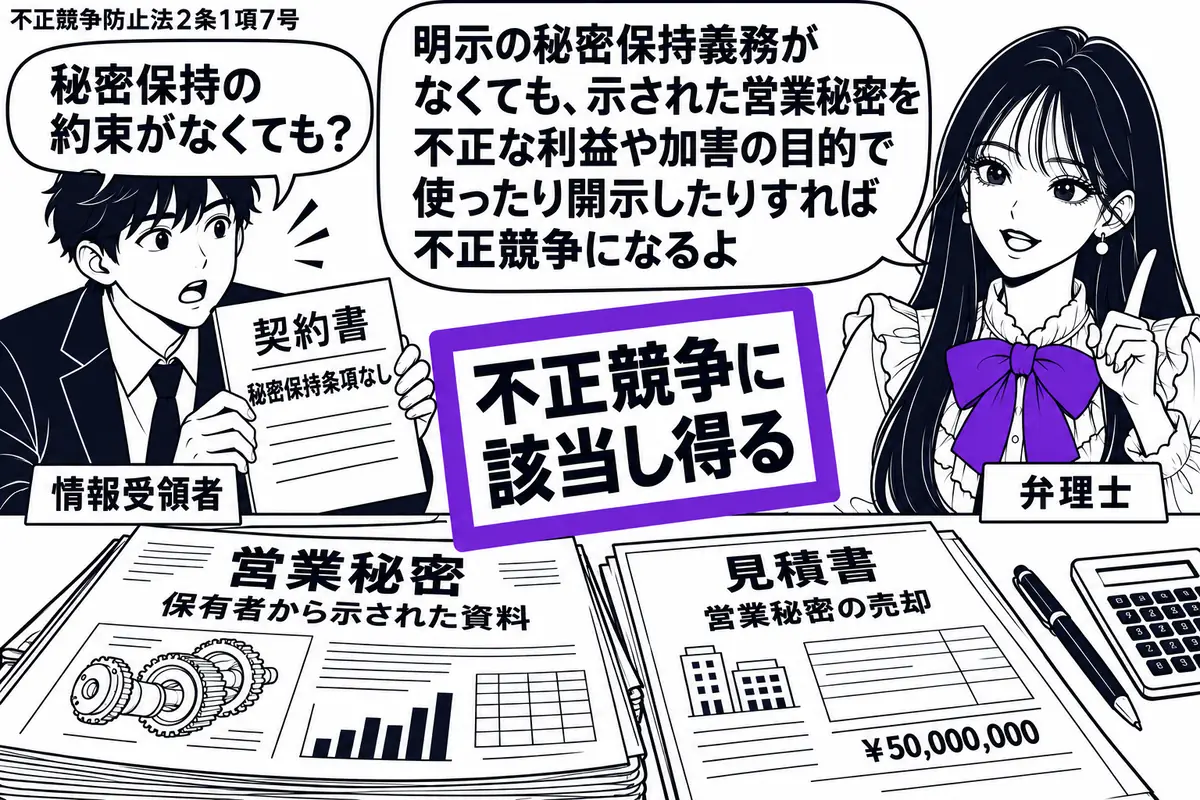 先生が右の相談机にいる弁理士役(札「弁理士」)。左に秘密保持条項のない契約書を持つ男性(札「情報受領者」)。机には保有者から示された営業秘密の資料と、それを売って利益を得ようとする見積書。「不正競争に該当し得る」の付箋をヴァイオレットの枠で