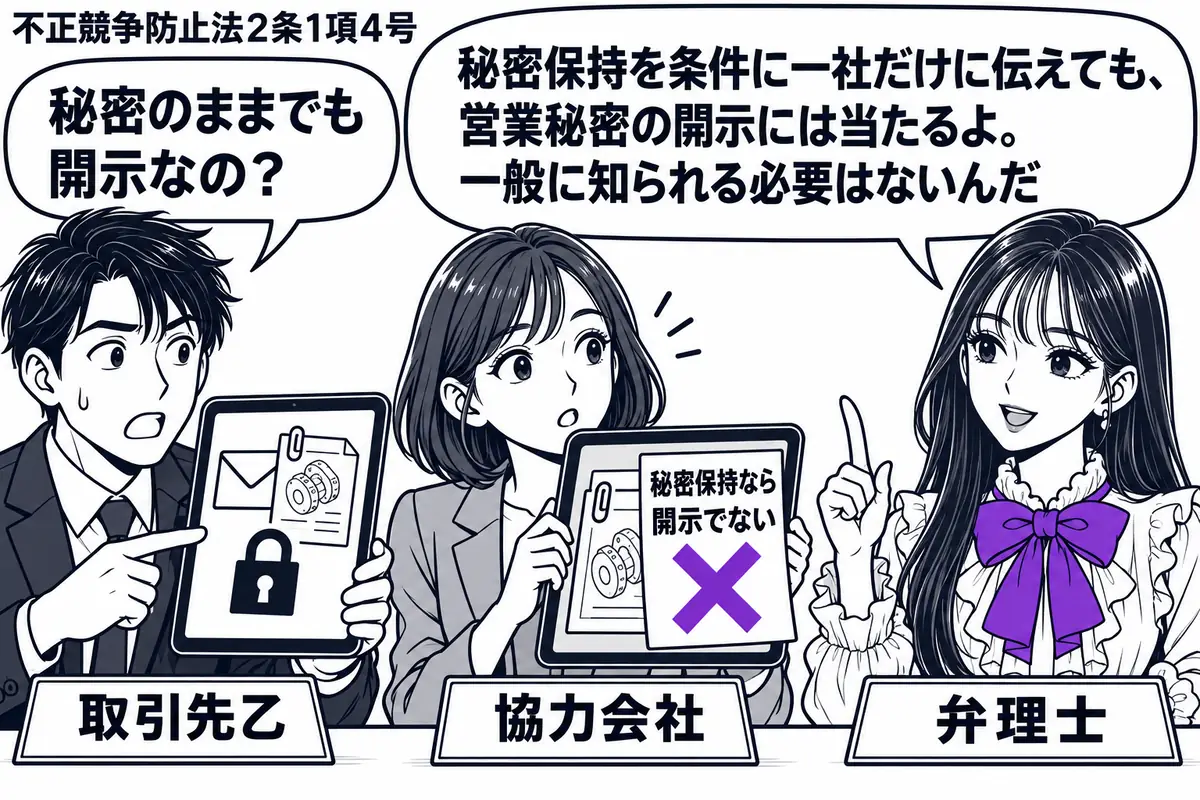 先生が右の相談机にいる弁理士役(札「弁理士」)。左にメール画面を見せる男性(札「取引先乙」)、隣に受信端末を持つ女性(札「協力会社」)。画面には鍵の絵と技術資料の添付アイコン。端末に貼った「秘密保持なら開示でない」の付箋にヴァイオレットの×