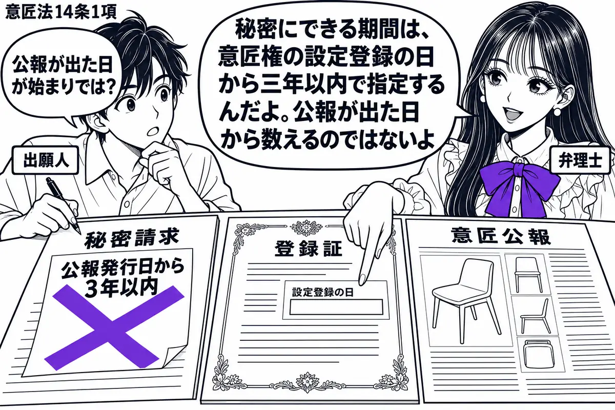 先生が弁理士役（札「弁理士」）で右に立つ。左の出願人（札「出願人」）が、登録証と意匠公報を机に並べて秘密請求の書面を作っている。書面に添えた「公報発行日から３年以内」の付箋に大きなヴァイオレットの×印。先生は登録証の日付欄を指す。先生の吹き