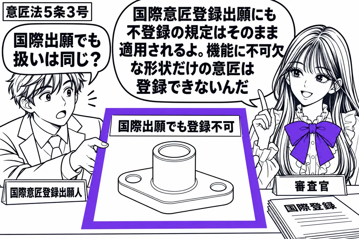 先生が審査官役(札「審査官」)で右に立つ。左の男性(札「国際意匠登録出願人」)が、機能確保に不可欠な形状だけを描いた部品の意匠図面を差し出す。机に国際登録の書類を置き、図面の「国際出願でも登録不可」の付箋をヴァイオレットの枠で囲む。先生の吹