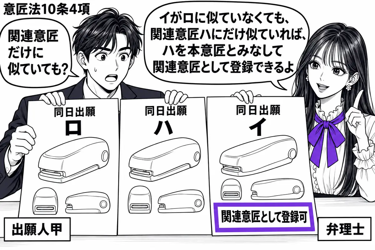 先生が右の相談机にいる弁理士役（札「弁理士」）。左の男性（札「出願人甲」）が同日出願の三枚の意匠図面を広げる。ロとハ、ハとイの似た輪郭が比べられるよう、ハを中央に置く。イの願書の付箋「関連意匠として登録可」をヴァイオレットの枠で囲む。先生の