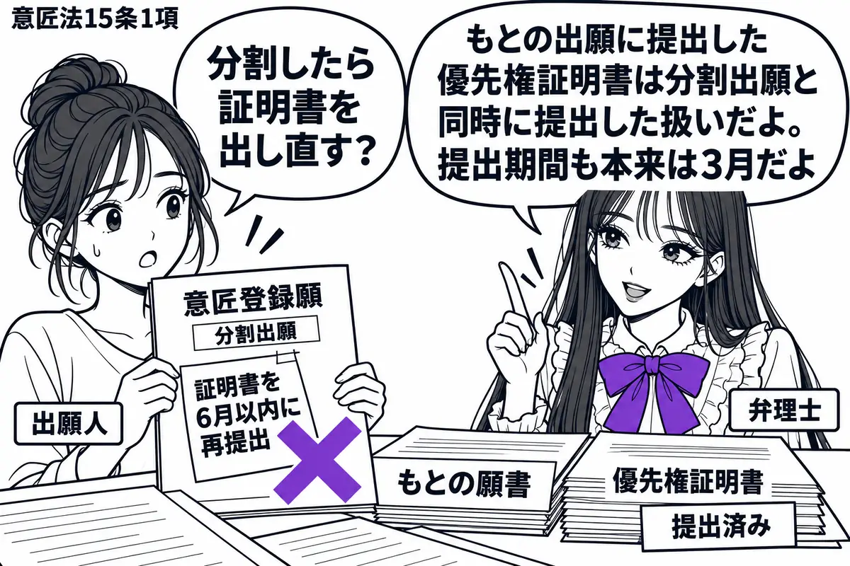 先生が右の机に立つ弁理士役（札「弁理士」）。左の女性（札「出願人」）が分割した意匠登録願を持ち、机にはもとの願書と提出済みの優先権証明書が重なる。新たな願書の「証明書を6月以内に再提出」の付箋にヴァイオレットの×印。先生の吹き出し「もとの出