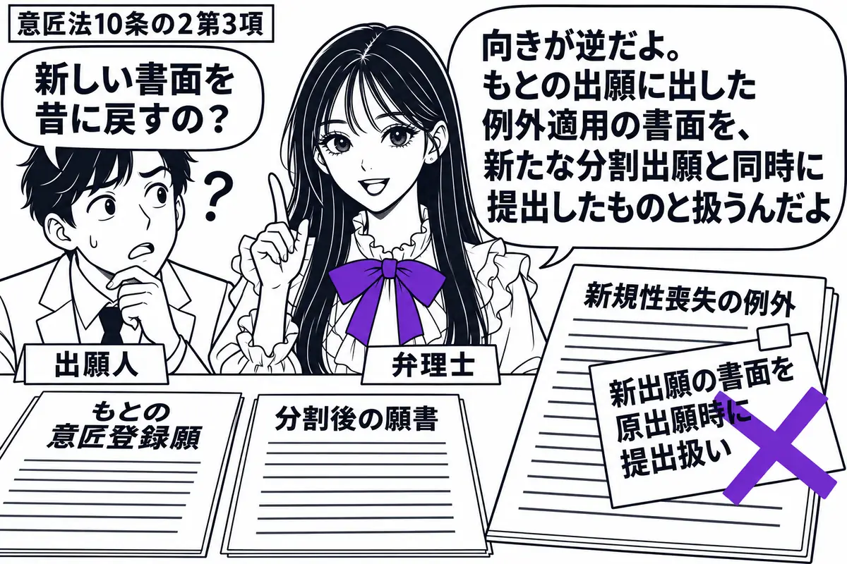 先生が中央の机に座る弁理士役（札「弁理士」）。左の男性（札「出願人」）の前に、もとの意匠登録願と分割後の願書を並べる。新規性喪失の例外の書面に付いた「新出願の書面を原出願時に提出扱い」の付箋にヴァイオレットの×印。先生の吹き出し「向きが逆だ