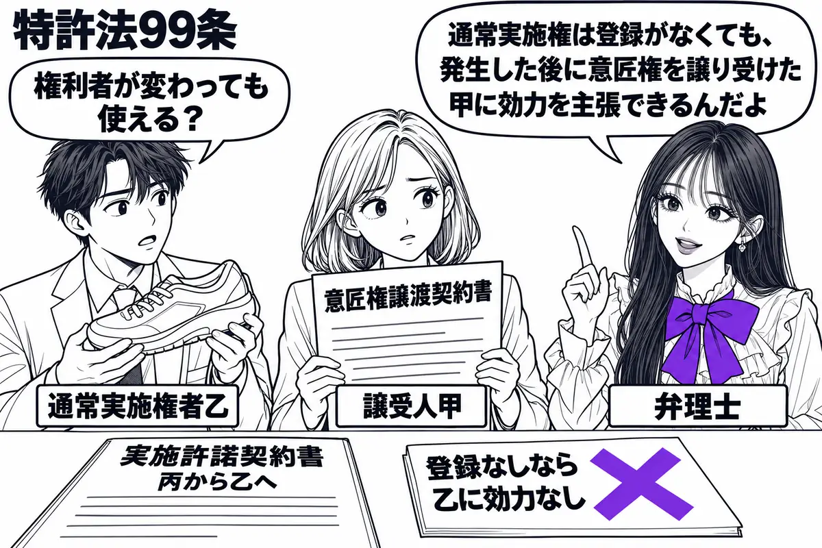 先生が右に立つ弁理士役(札「弁理士」)。左に運動靴を持つ男性(札「通常実施権者乙」)、中央に意匠権の譲渡契約書を持つ女性(札「譲受人甲」)。机には丙から乙への実施許諾契約書を置き、甲の「登録なしなら乙に効力なし」の付箋にヴァイオレットの×印