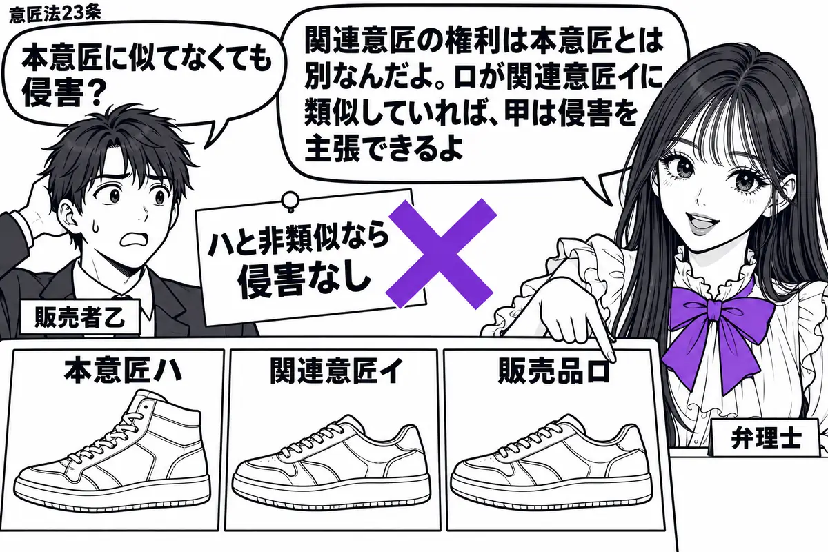 先生が右の机に立つ弁理士役（札「弁理士」）。左の男性（札「販売者乙」）の前に、運動靴の図面を三枚並べる。図面は本意匠ハ、関連意匠イ、販売品ロとし、イとロの形をよく似せる。乙の「ハと非類似なら侵害なし」の付箋にヴァイオレットの×印。先生の吹き