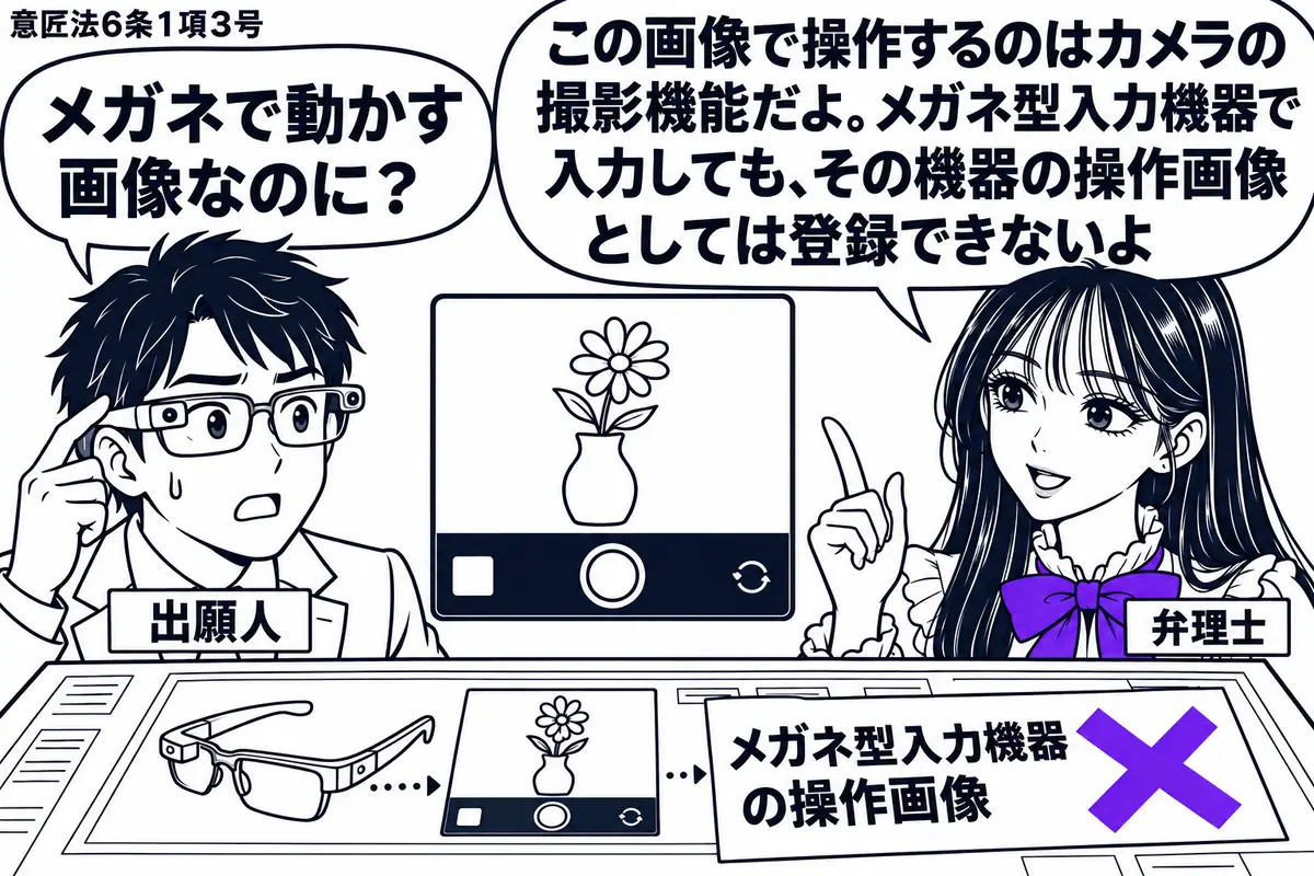 先生が右で弁理士役（札「弁理士」）。左の男性（札「出願人」）がメガネ型入力機器を着け、カメラ画面の撮影ボタンを見つめる。机の画像図面に貼った「メガネ型入力機器の操作画像」の付箋へヴァイオレットの×印。先生の吹き出し「この画像で操作するのはカ