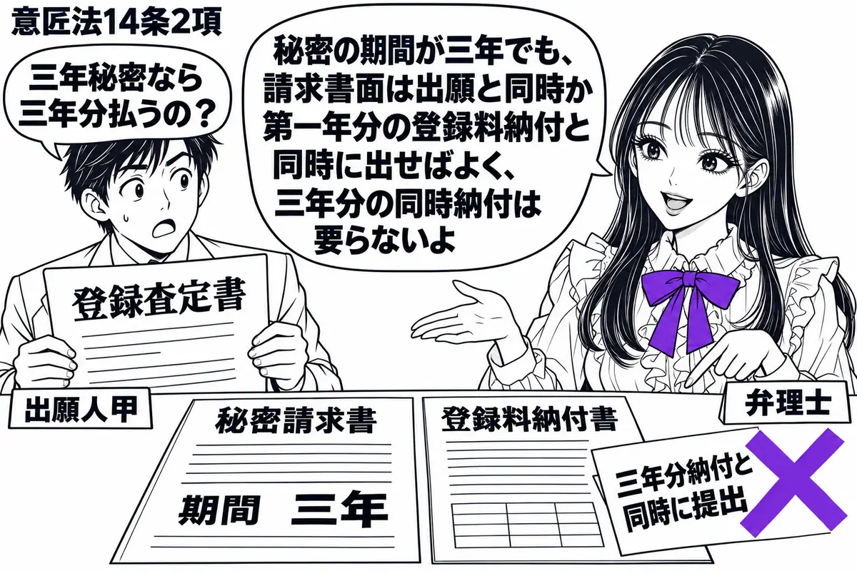 先生が右で弁理士役（札「弁理士」）。左の男性（札「出願人甲」）が登録査定書を持つ。机に期間を三年とした秘密請求書と登録料納付書を並べ、「三年分納付と同時に提出」の付箋へヴァイオレットの×印。先生の吹き出し「秘密の期間が三年でも、請求書面は出