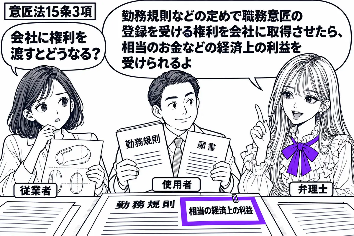 先生が弁理士役(札「弁理士」)で右に立つ。左に製品の意匠図面を持つ女性(札「従業者」)、中央に勤務規則と願書を持つ男性(札「使用者」)。机の上の勤務規則に添えた「相当の経済上の利益」の付箋をヴァイオレットの枠で囲む。先生の吹き出し「勤務規則