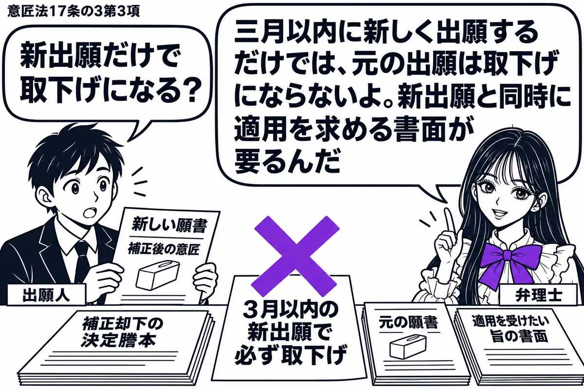 先生が弁理士役（札「弁理士」）で右に立つ。左に補正後の意匠の新しい願書を持つ男性（札「出願人」）。机には補正却下の決定謄本と元の願書、適用を受けたい旨の書面を置く。「3月以内の新出願で必ず取下げ」の付箋にヴァイオレットの×印。先生の吹き出し