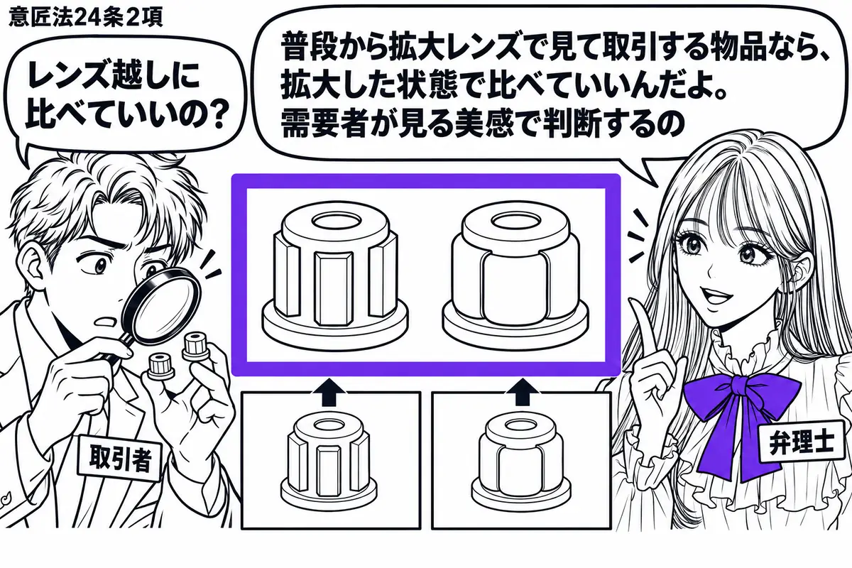 先生が弁理士役（札「弁理士」）で右側。左に小さな部品を扱う男性（札「取引者」）、中央に二つの意匠図面と拡大レンズを置く。男性が普段の取引と同じようにレンズをのぞき、拡大された二つの形を比べている。拡大像の組をヴァイオレットの枠で囲む。先生の