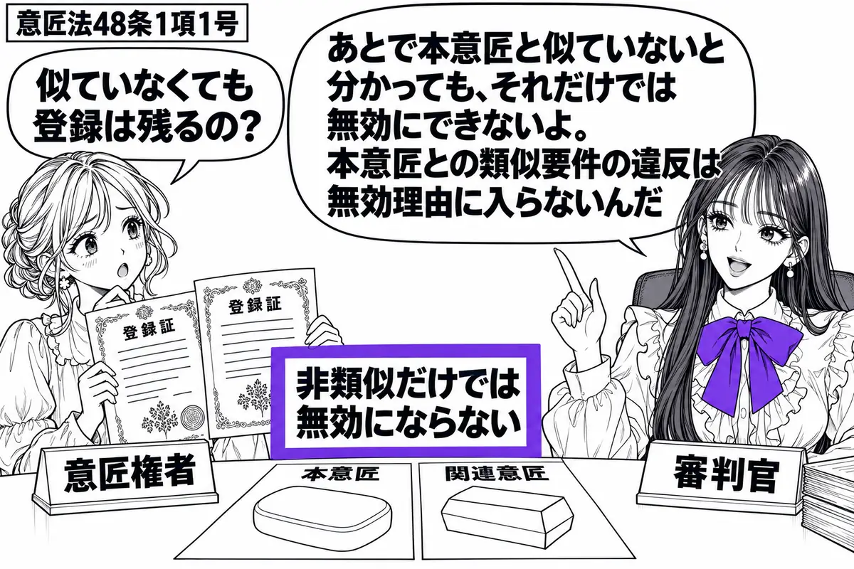 先生が右の審判席で審判官役(札「審判官」)。左に二枚の登録証を持つ女性(札「意匠権者」)。机には本意匠と関連意匠の異なる輪郭の図面を並べる。登録証の前の「非類似だけでは無効にならない」の付箋をヴァイオレットの枠で囲む。先生の吹き出し「あとで