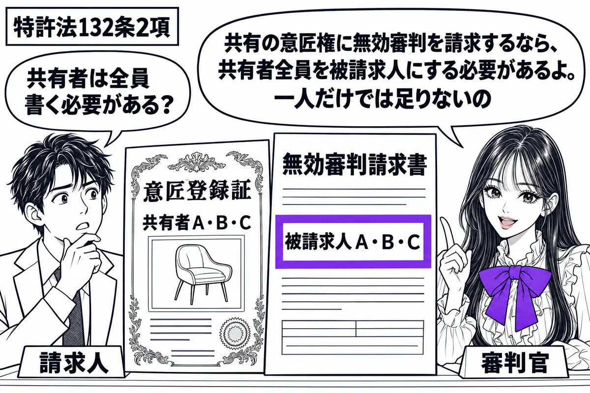 先生が審判官役(札「審判官」)で右の机に座る。左に請求人の男性(札「請求人」)、中央に共有の意匠登録証と「無効審判請求書」。請求書の「被請求人A・B・C」欄をヴァイオレットの枠で囲み、共有者三名がそろって記載されている様子を見せる。先生の吹