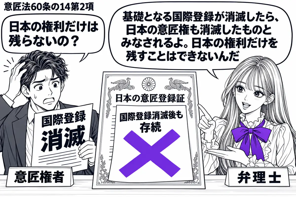 先生が右の机で弁理士役(札「弁理士」)。左に国際登録の書類を持つ男性(札「意匠権者」)。書類には「消滅」と記し、その隣に日本の意匠登録証を置く。登録証に貼った「国際登録消滅後も存続」の付箋に大きなヴァイオレットの×印を付ける。先生の吹き出し