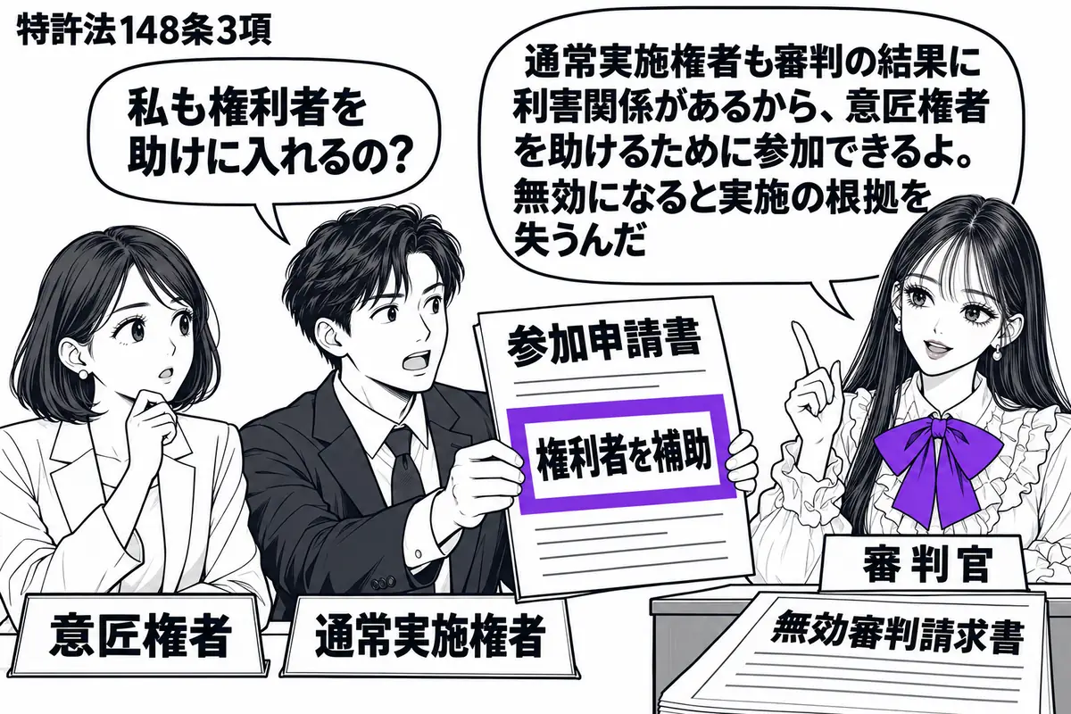 先生が右の審判席で審判官役(札「審判官」)。左に座る女性(札「意匠権者」)の隣で、男性(札「通常実施権者」)が参加申請書を差し出す。机には無効審判請求書を置き、参加申請書の「権利者を補助」の欄をヴァイオレットの枠で囲む。先生の吹き出し「通常