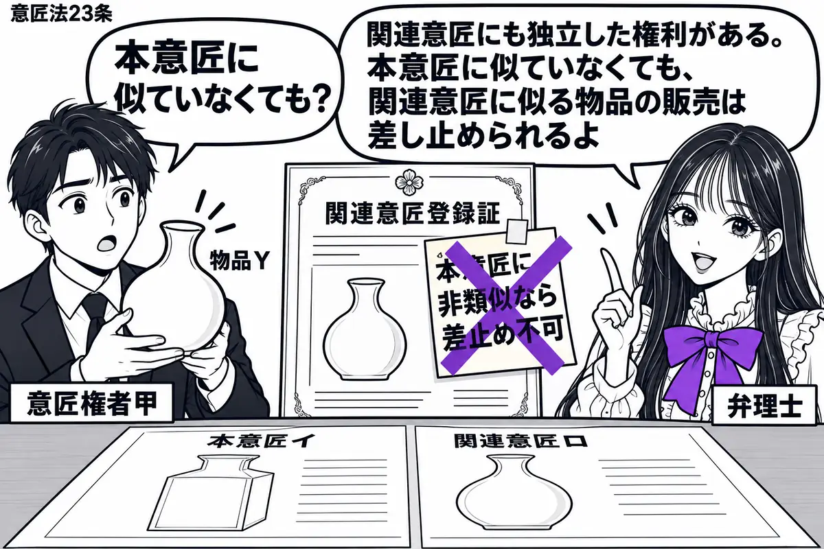 先生が右で弁理士役（札「弁理士」）。左に物品Ｙを持つ男性（札「意匠権者甲」）。机に本意匠イと関連意匠ロの意匠図面を並べ、Ｙの形はロに似せ、イとは異なる形にする。関連意匠の登録証に付いた「本意匠に非類似なら差止め不可」の付箋にヴァイオレットの