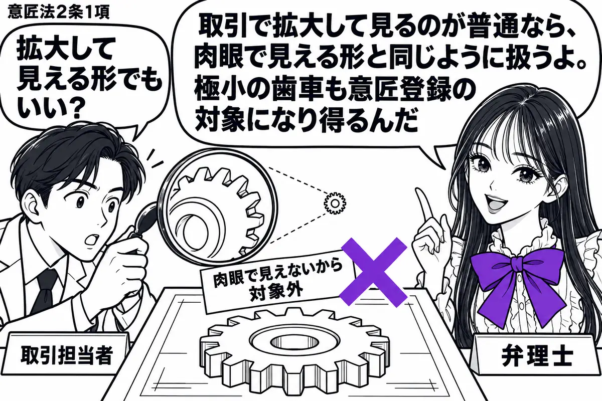 先生が右の相談机に立つ弁理士役（札「弁理士」）。左に拡大鏡をのぞく男性（札「取引担当者」）。中央に極小の歯車を置き、拡大鏡の中では歯の細かな輪郭が見える。歯車の意匠図面に貼った「肉眼で見えないから対象外」の付箋にヴァイオレットの×印。先生の