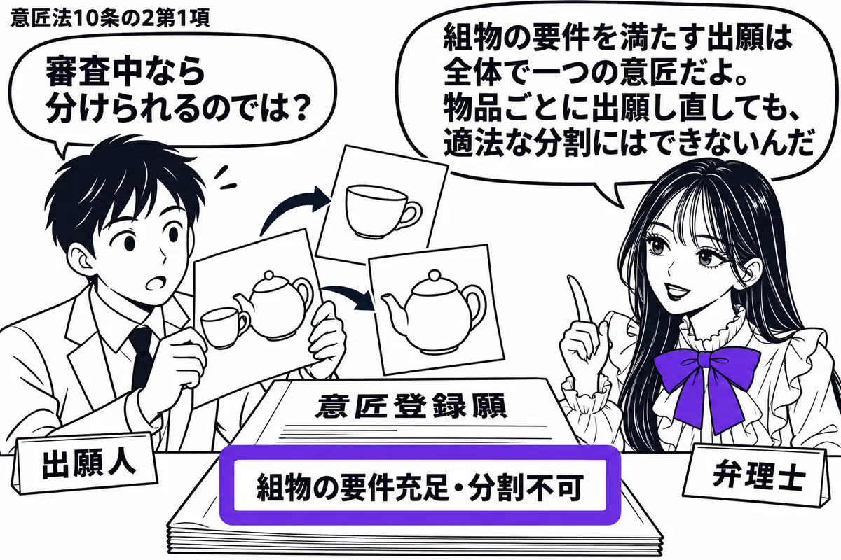 先生が右の相談机に立つ弁理士役（札「弁理士」）。左の男性（札「出願人」）が、組物全体の意匠図面からカップとポットの図面を別々に取り出そうとしている。中央の意匠登録願に「組物の要件充足・分割不可」の付箋を置き、ヴァイオレットの枠で囲む。先生の