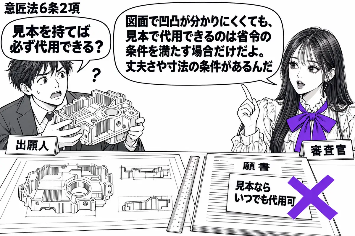 先生が右の受付机に立つ審査官役（札「審査官」）。左の男性（札「出願人」）が、細かな凹凸のある大きな見本を両手で抱える。机には凹凸の読みにくい図面と寸法を測る定規を置き、願書の「見本ならいつでも代用可」の付箋にヴァイオレットの×印。先生の吹き