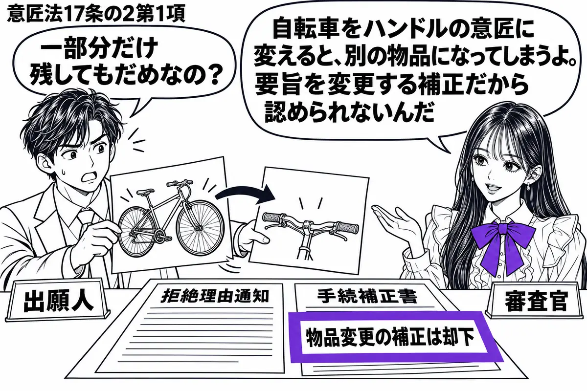 先生が机の右で審査官役（札「審査官」）。左の男性（札「出願人」）が、自転車全体の図面をハンドルだけの図面に差し替えようとしている。机に拒絶理由通知と手続補正書を置き、補正書に添えた「物品変更の補正は却下」の付箋をヴァイオレットの枠で囲む。先