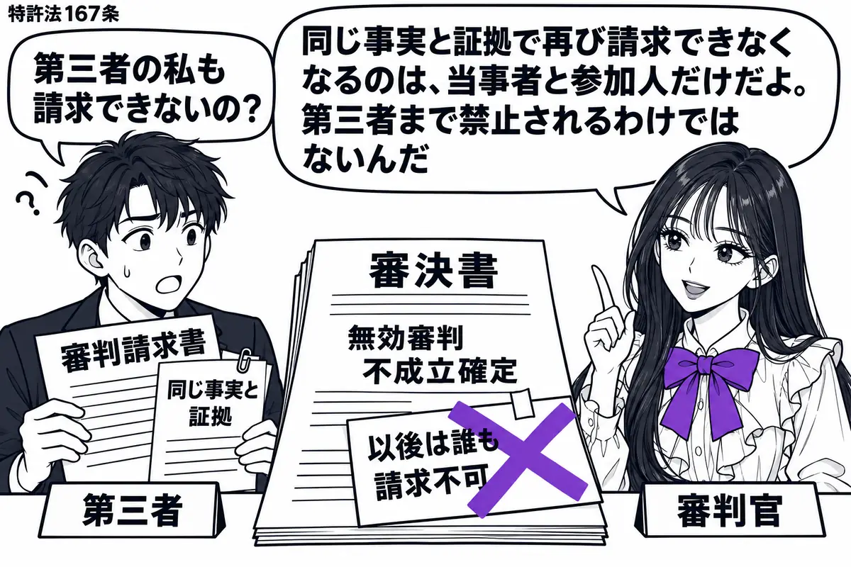 先生が窓口の右で審判官役(札「審判官」)。机に無効審判の不成立が確定した審決書。左の男性(札「第三者」)が同じ事実と証拠を添えた審判請求書を持つ。審決書に貼られた「以後は誰も請求不可」の付箋にヴァイオレットの×印。先生の吹き出し「同じ事実と