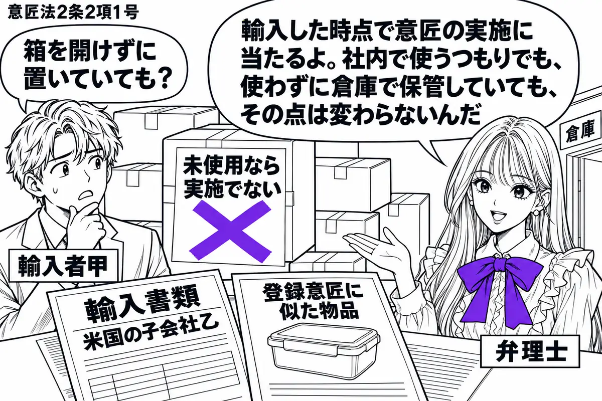 先生が右の倉庫入口で弁理士役（札「弁理士」）。左の甲（札「輸入者甲」）の横に未開封の箱を積み、机に米国の子会社乙からの輸入書類と登録意匠に似た物品の図面を置く。箱の「未使用なら実施でない」の付箋にヴァイオレットの×印。先生の吹き出し「輸入し
