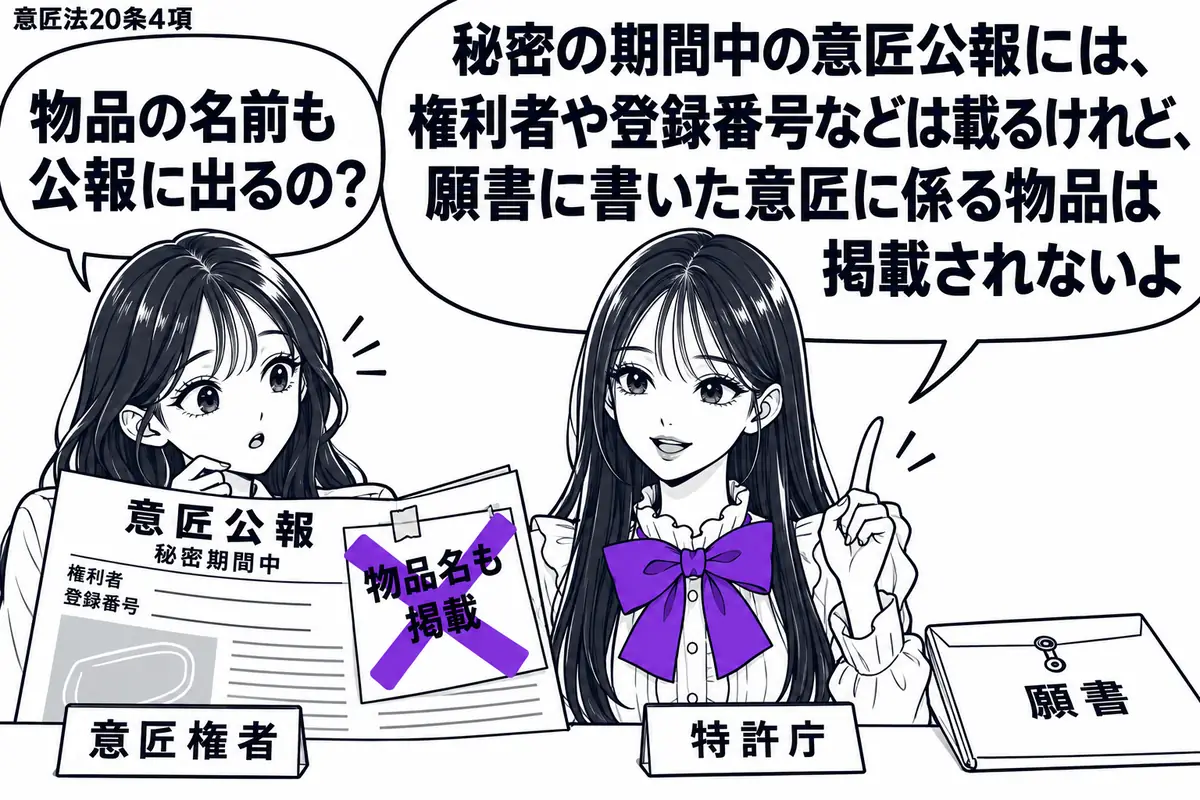 先生が中央で特許庁の担当役（札「特許庁」）。左に意匠公報を読む女性（札「意匠権者」）。机には秘密期間中の意匠公報と閉じた願書の封筒を置き、公報には権利者や番号の欄を小さく描く。公報に貼った「物品名も掲載」の付箋に大きなヴァイオレットの×印。