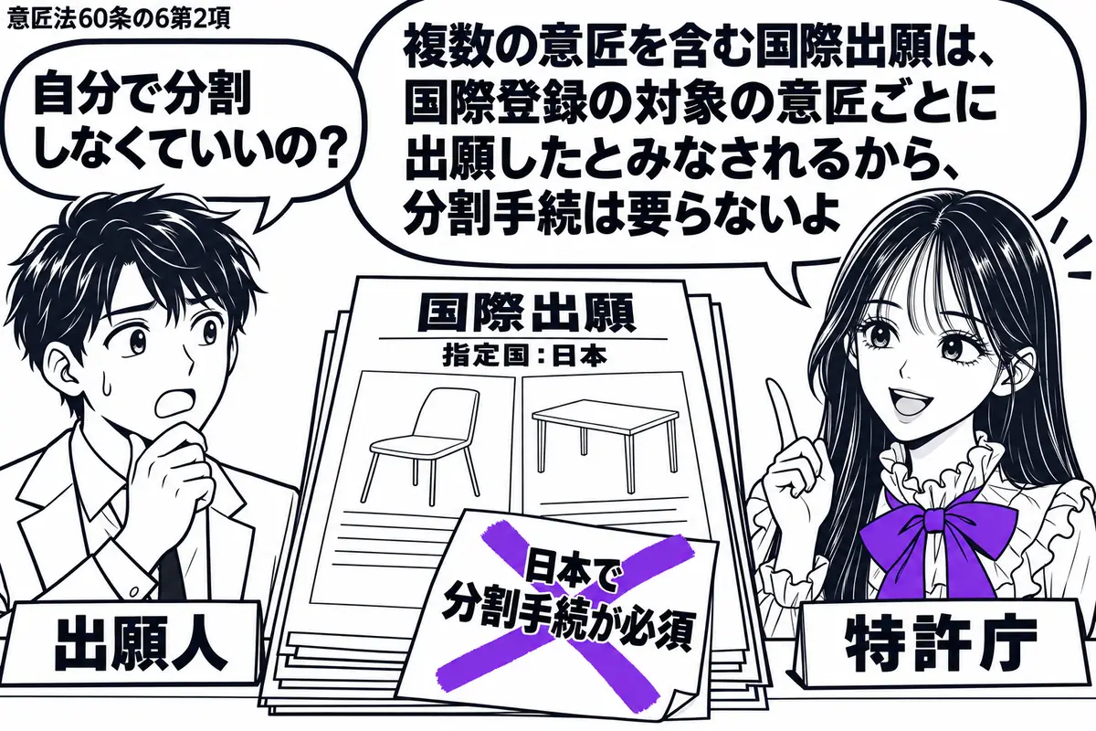 先生が右の窓口にいる特許庁役(札「特許庁」)。左の男性(札「出願人」)が日本を指定した国際出願の書類を持ち、中には椅子と机の意匠図面が一枚ずつ見える。書類に貼った「日本で分割手続が必須」の付箋に大きなヴァイオレットの×印。先生の吹き出し「複